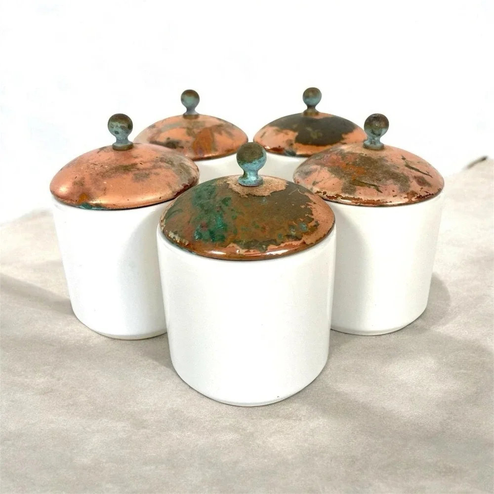 Vintage‎ White Ceramic Mini Canister Copper Lid Rustic Farmhouse Decor